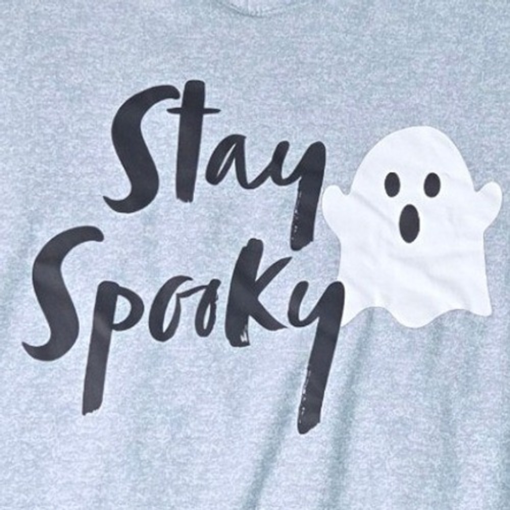 Derek Heart Graphic Tee Womens L Grey Stay Spooky Ghost Halloween Short Sleeve